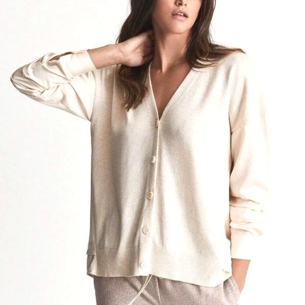 Reiss Addison Cashmere Blend Cardigan Sweater Shirt 6 Oatmeal Button Front
